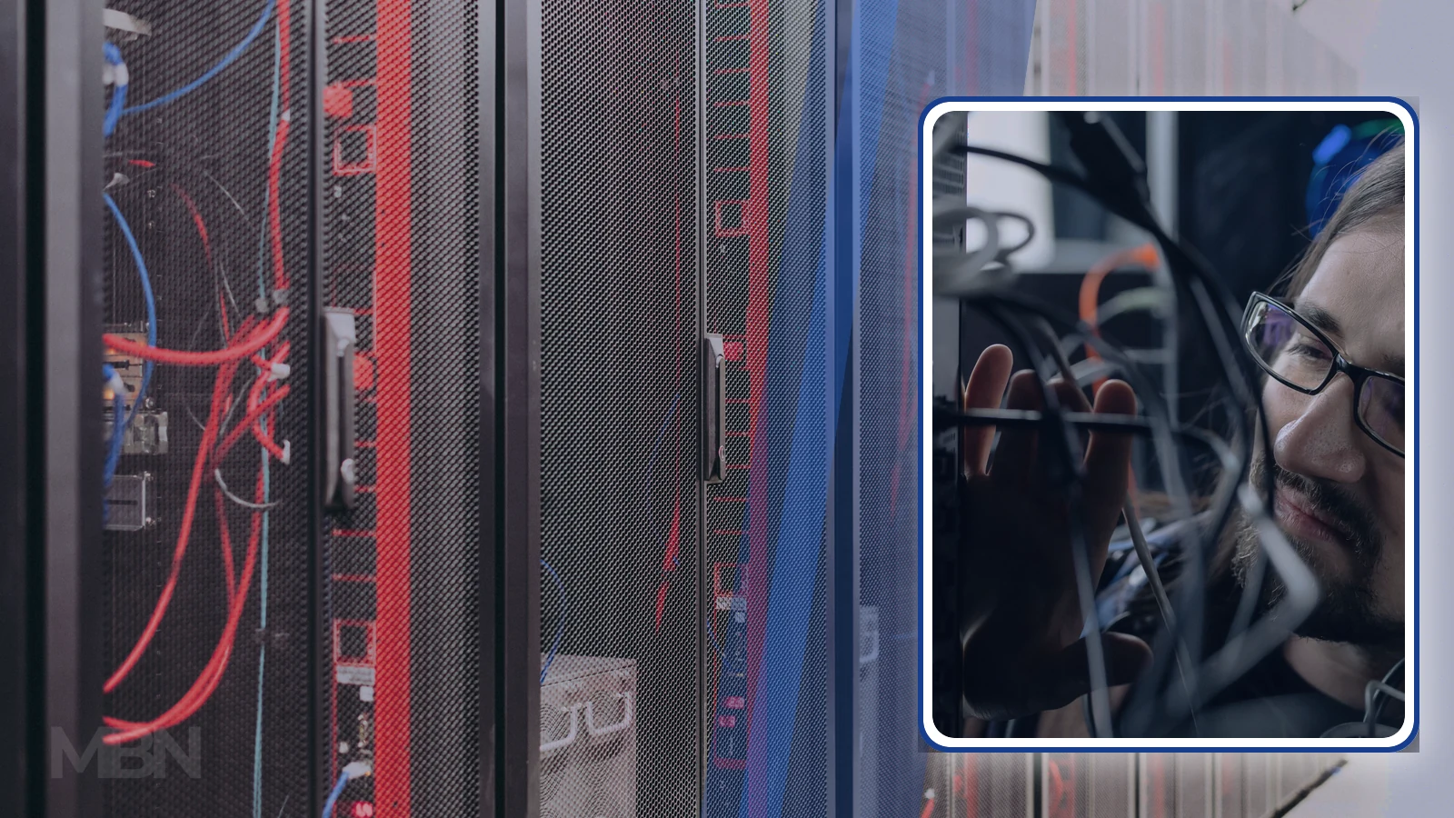 Editorial composite of server racks and an IT technician working with network cables in a bordered inset.