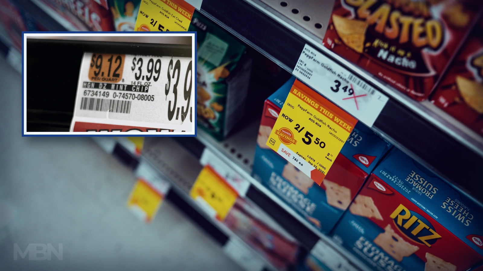 Editorial composite of packaged snacks and supermarket shelf labels showing checkout prices and a price per quart.