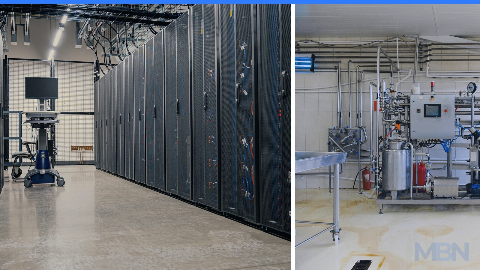 Editorial composite of server racks in a data center beside industrial piping, tanks, gauges and process equipment.