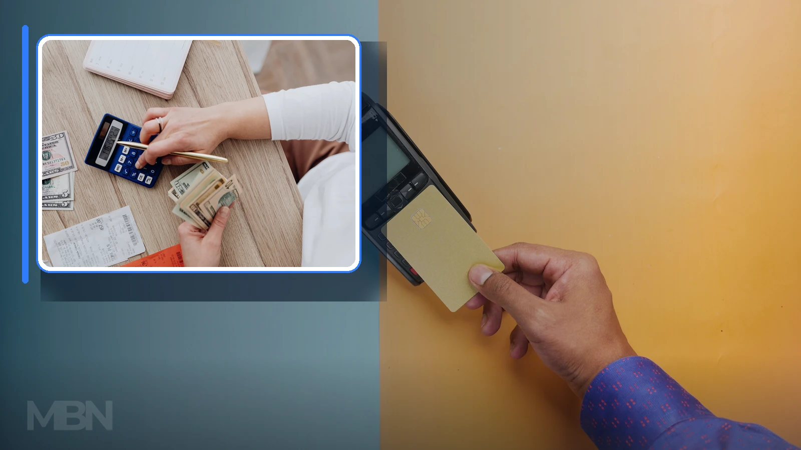 Editorial composite showing a payment card and terminal beside a framed photograph of hands using a calculator with cash and receipts.