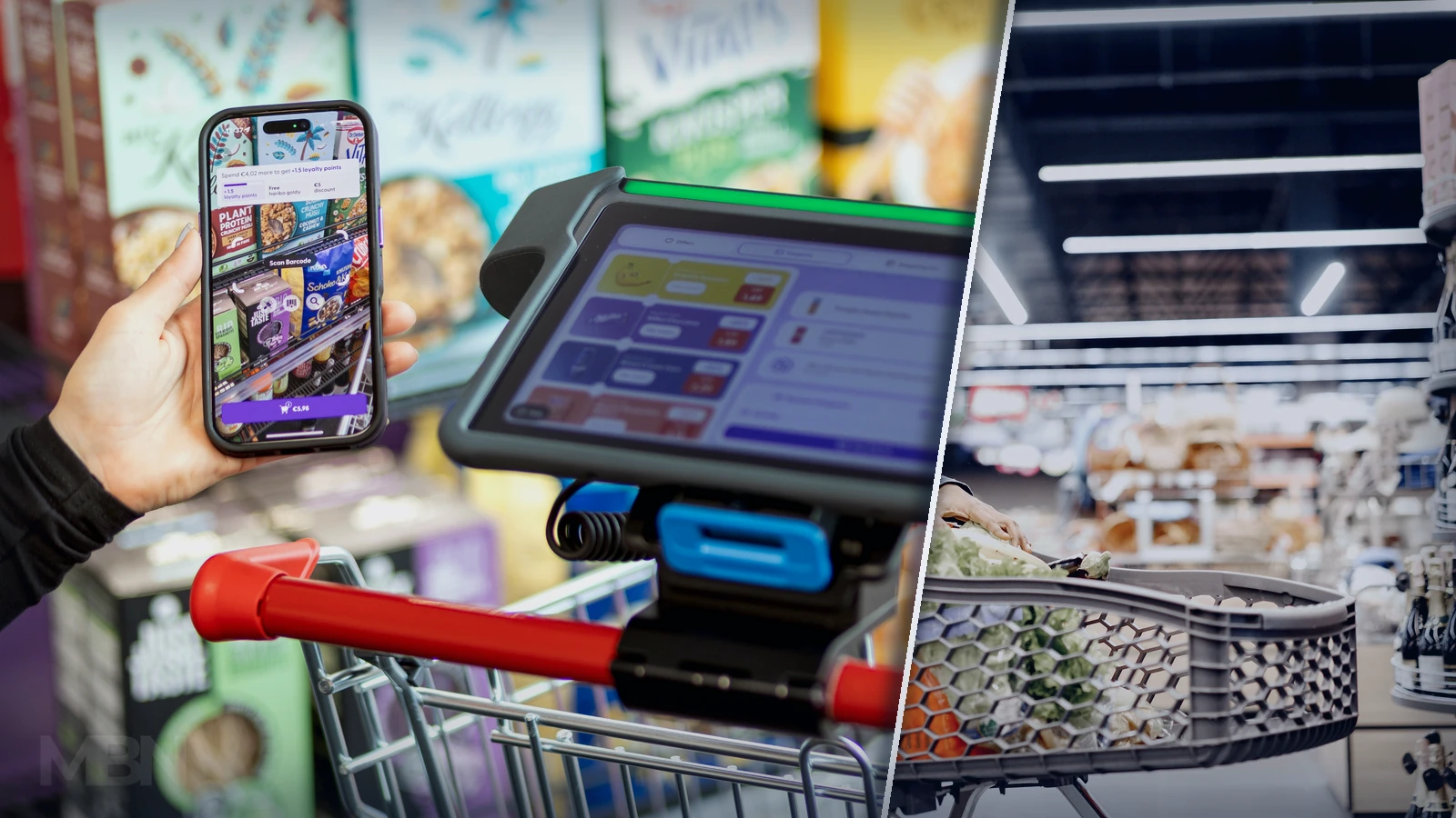 Editorial composite of a touchscreen-equipped smart trolley and a shopper with groceries in a supermarket.