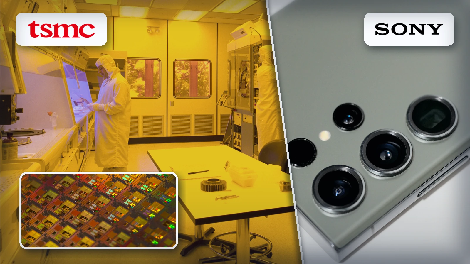 Editorial composite showing a semiconductor cleanroom, a silicon wafer and smartphone camera lenses, with Sony and TSMC logos.