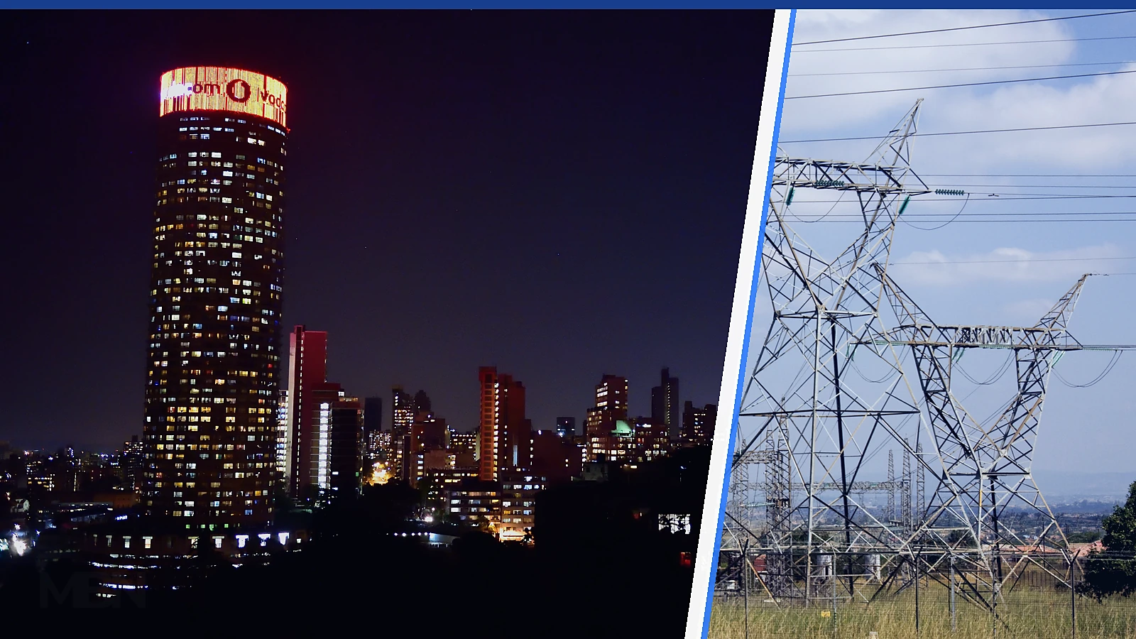 Editorial composite showing Johannesburg at night beside electricity transmission equipment at Acornhoek, South Africa, separated by a white divider.