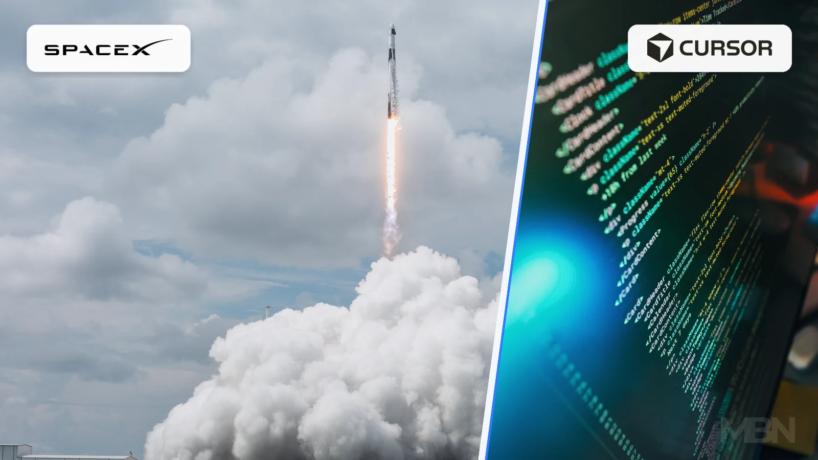 Composite image: Market Business News. - Falcon 9 Crew-9 launch photograph: NASA/Keegan Barber. Source: https://images.nasa.gov/details/NHQ202409280015 - Code-screen photograph: Jakub Zerdzicki/Unsplash. Source: https://unsplash.com/photos/code-displayed-on-computer-screens-v-jFS1AsHXo - SpaceX wordmark: SpaceX. Used unmodified for editorial identification. - Cursor wordmark: Anysphere, Inc. Used unmodified from Cursor's official brand assets for editorial identification. - MBN watermark: Market Business News.