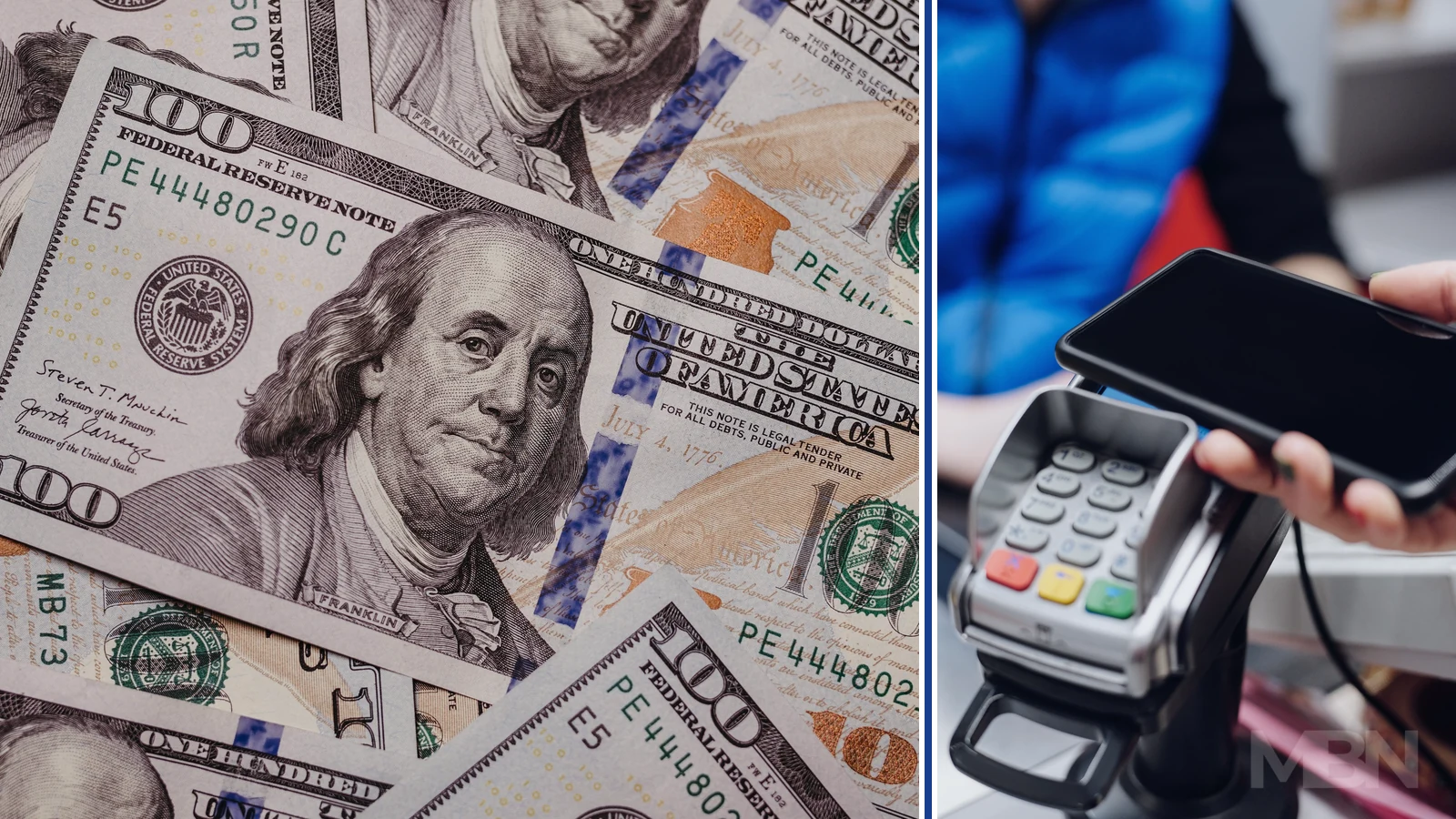 Editorial composite of US dollar banknotes beside a hand holding a smartphone over a contactless payment terminal.