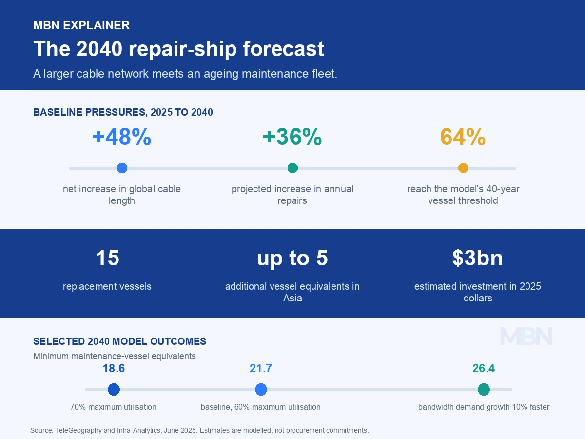 Infographic showing projected cable and repair growth through 2040, replacement vessel requirements, estimated investment and selected model outcomes.
