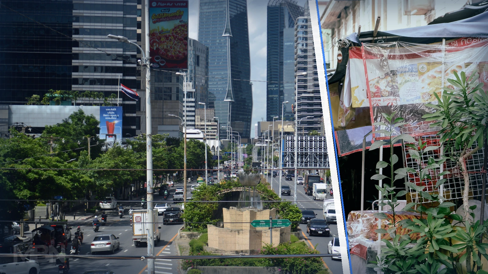 Editorial composite of Bangkok’s business district and a narrow market street with small shops, separated by a blue and white divider.