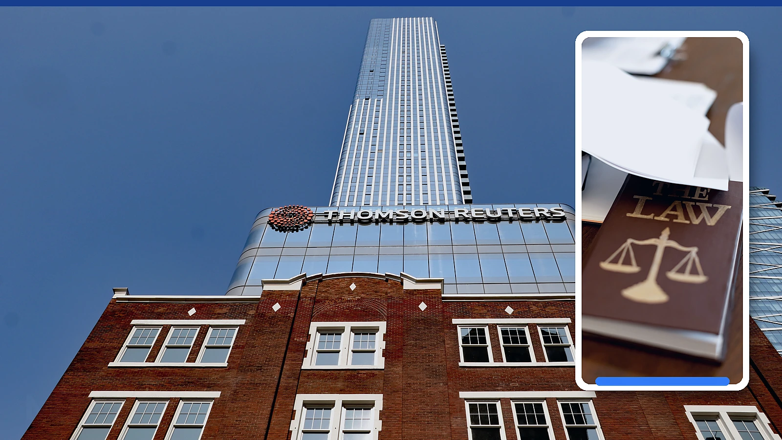 Editorial composite showing the Thomson Reuters office in Toronto with a framed close-up of a law book and loose documents.