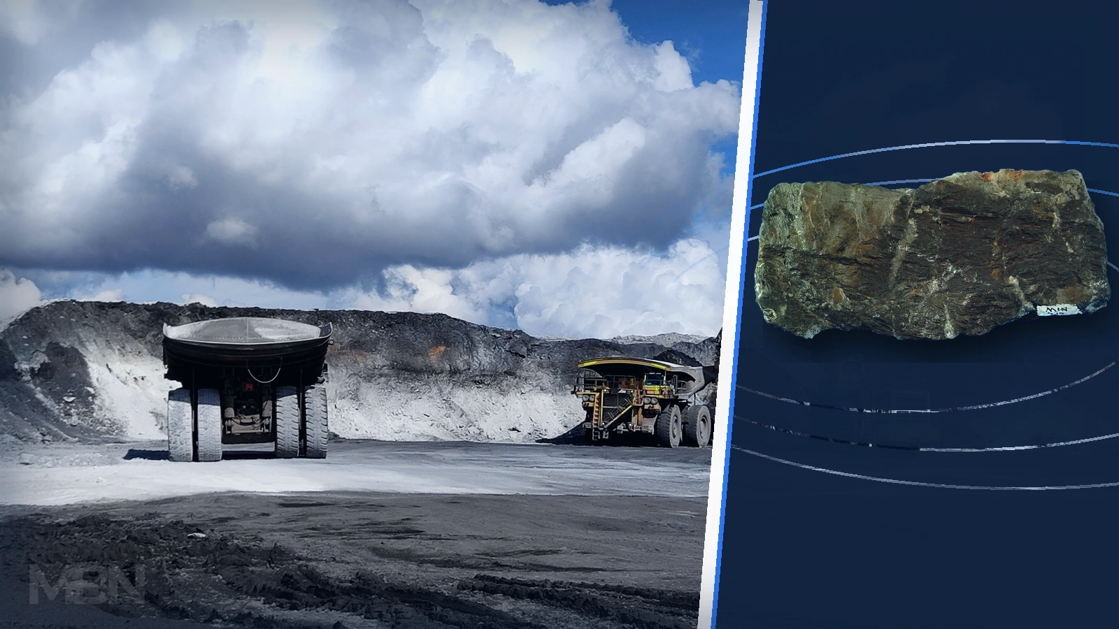 Editorial composite of haul trucks in an open-pit mine beside a wolframite specimen displayed on a dark blue panel.