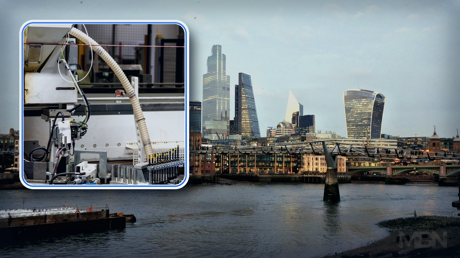 Editorial composite of the City of London skyline with a framed inset showing industrial production machinery.