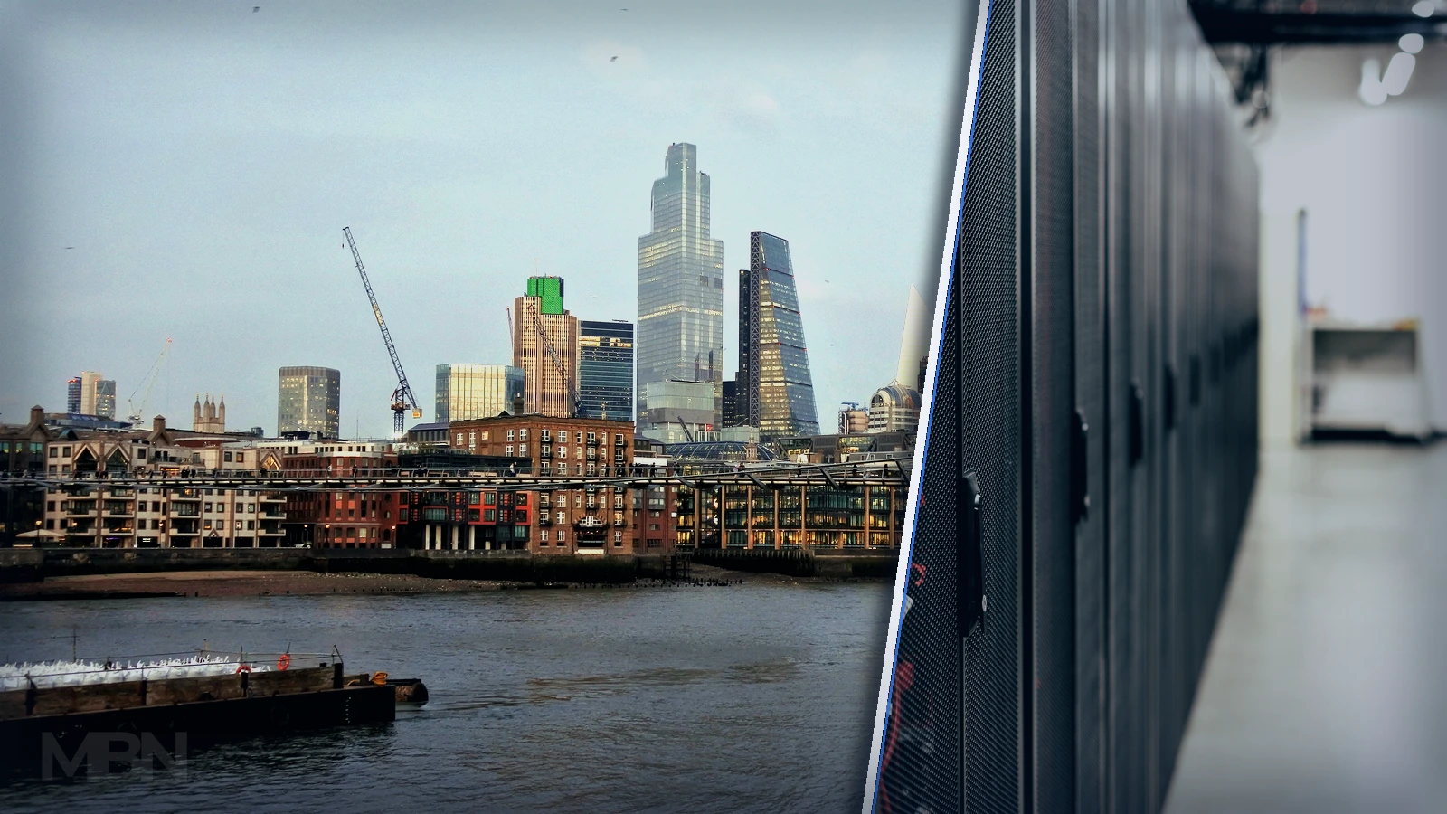 An editorial composite pairs the City of London skyline with a clearly separated panel of server racks representing business technology investment.