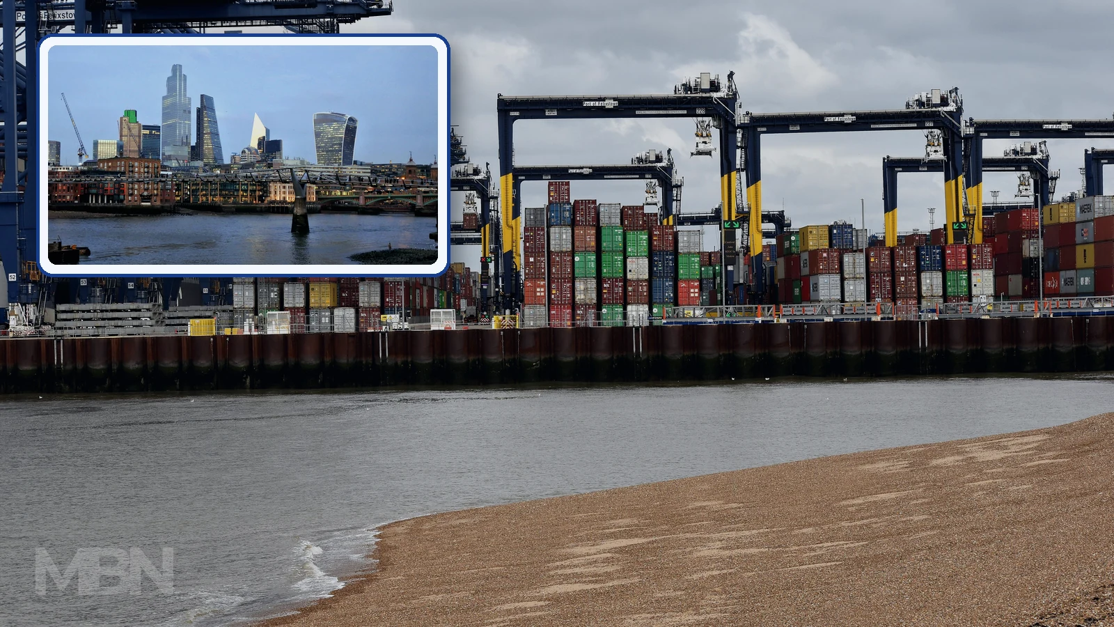 An editorial composite pairs Felixstowe container cranes and stacked freight with a framed inset of the City of London skyline.