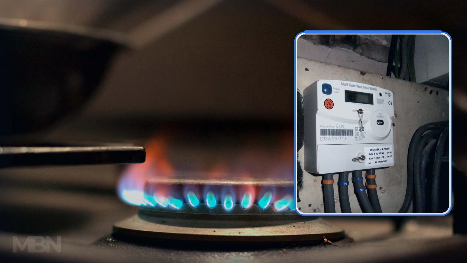 Editorial composite of a blue gas flame and a clearly framed household electricity meter