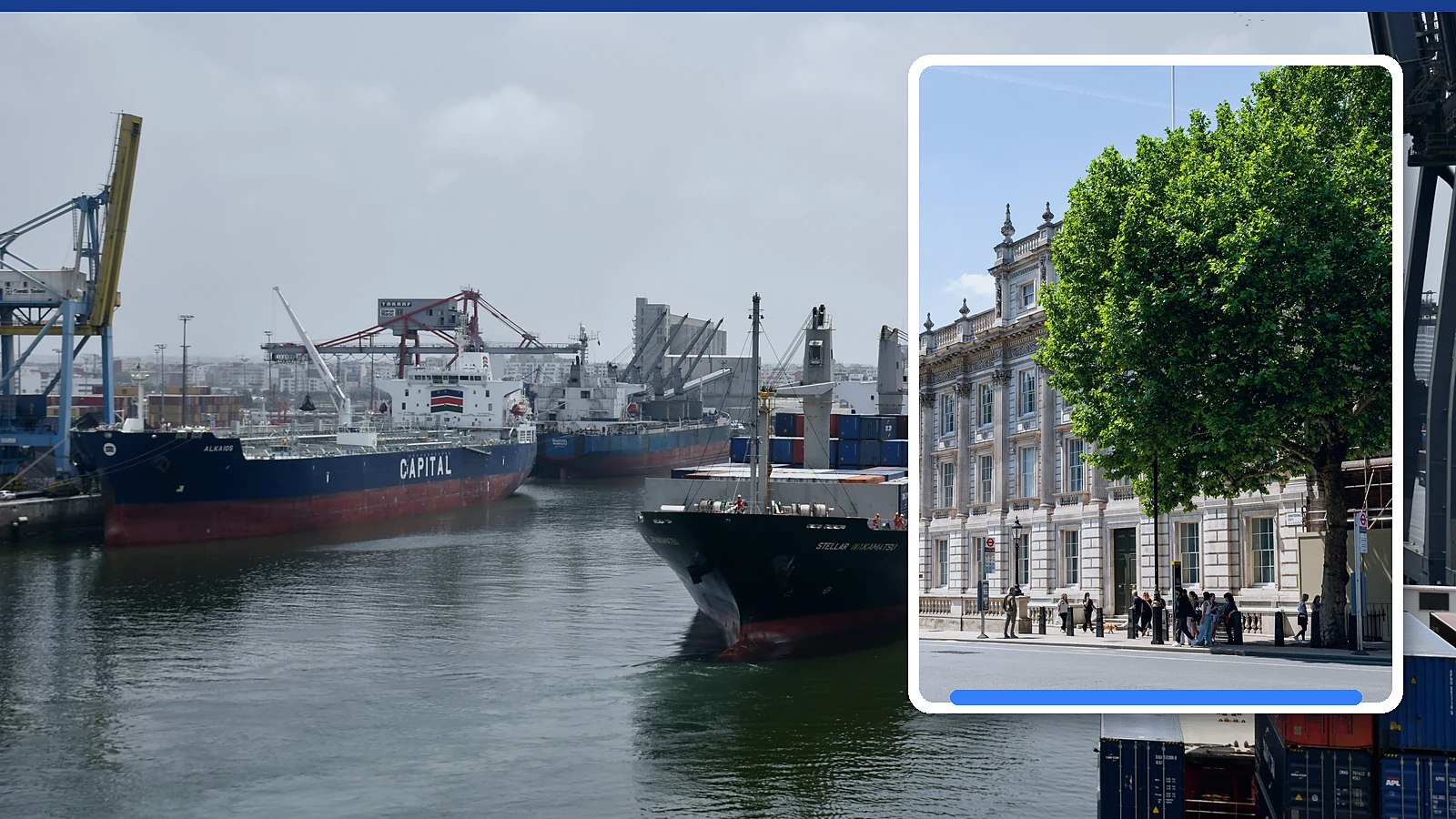 Editorial composite of cargo ships in Casablanca port with a framed photograph of government buildings on Whitehall in London.