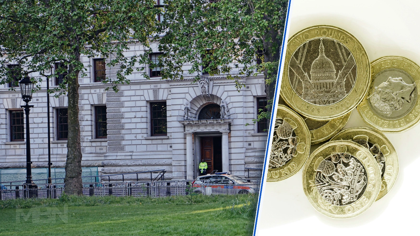 Editorial composite showing the HM Treasury building in Westminster beside a separately framed close-up of British pound coins.