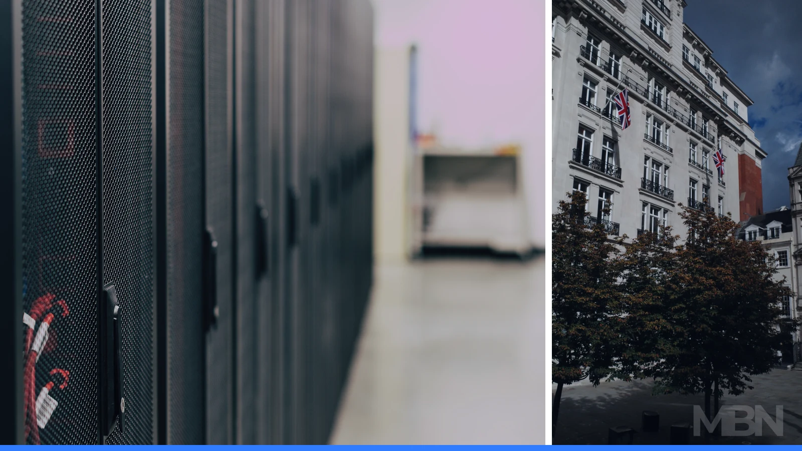 Editorial composite of data-centre server racks beside Union flags displayed on a historic London building.