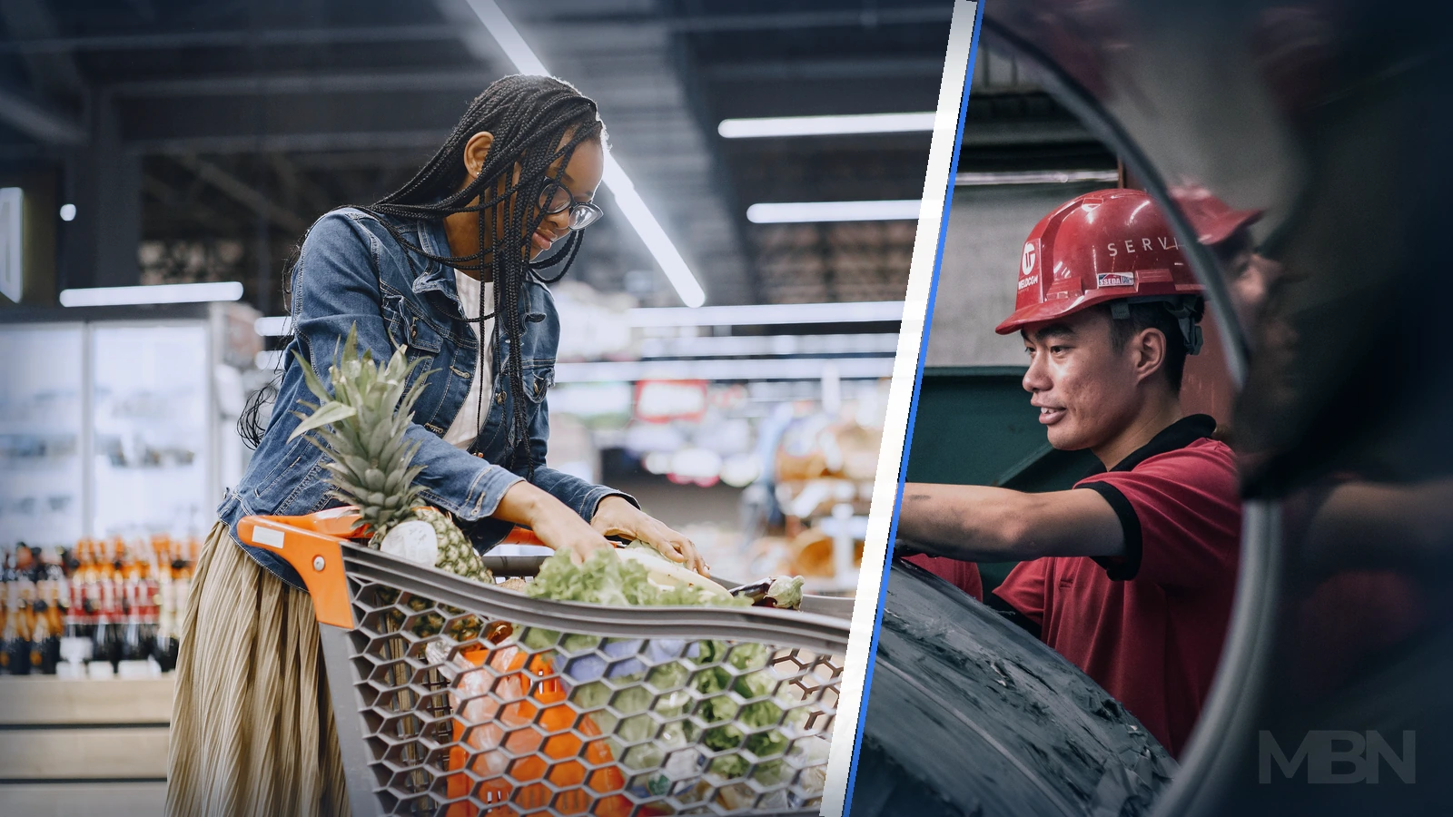 Editorial composite of a shopper filling a supermarket trolley and three industrial workers, separated by a blue and white diagonal divider.