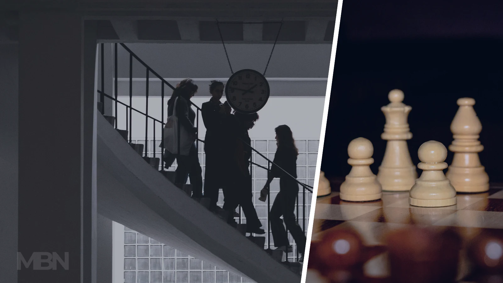 Editorial composite of silhouetted people ascending an office staircase with a separate panel showing wooden chess pieces.