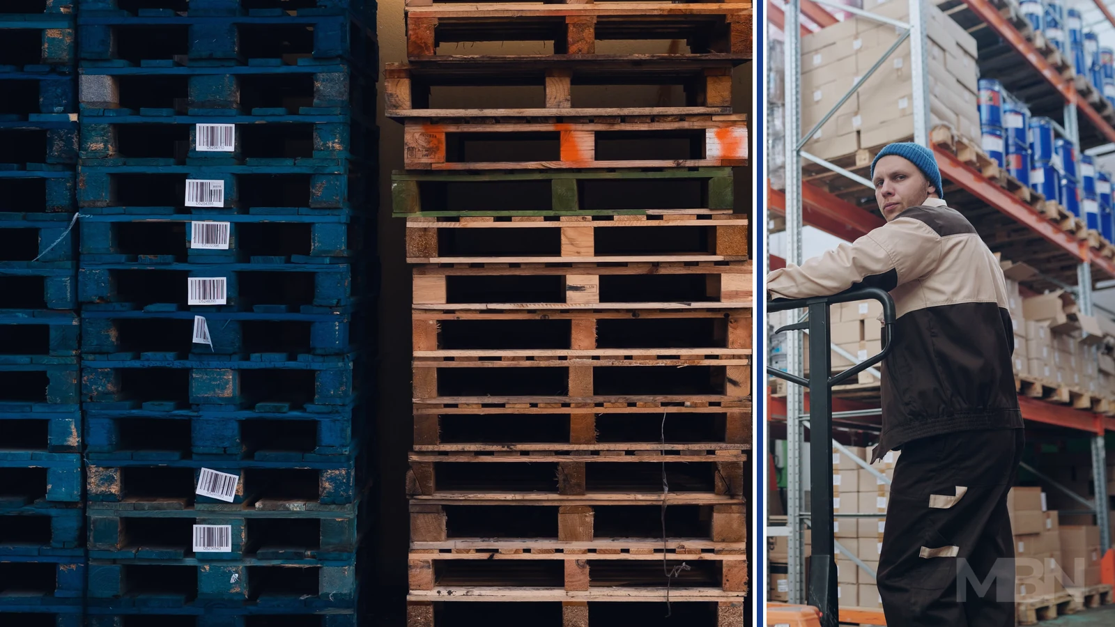 Editorial composite showing rows of stacked blue and natural wooden pallets beside a warehouse worker operating a manual pallet jack.