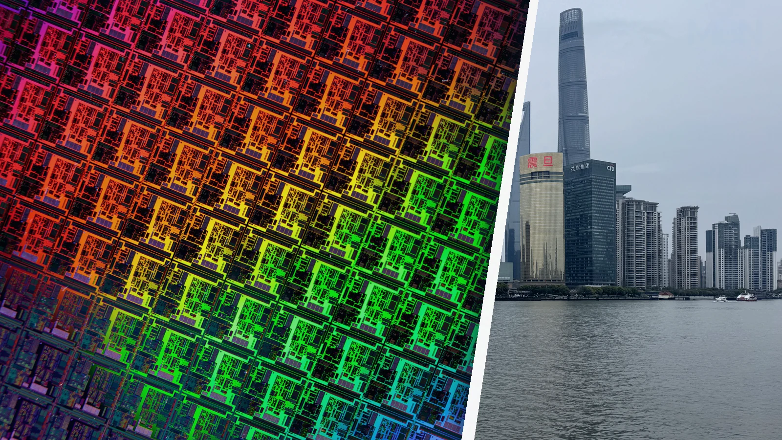 Editorial composite showing a colourful silicon wafer beside Shanghai’s Lujiazui skyline, separated by a white diagonal border.