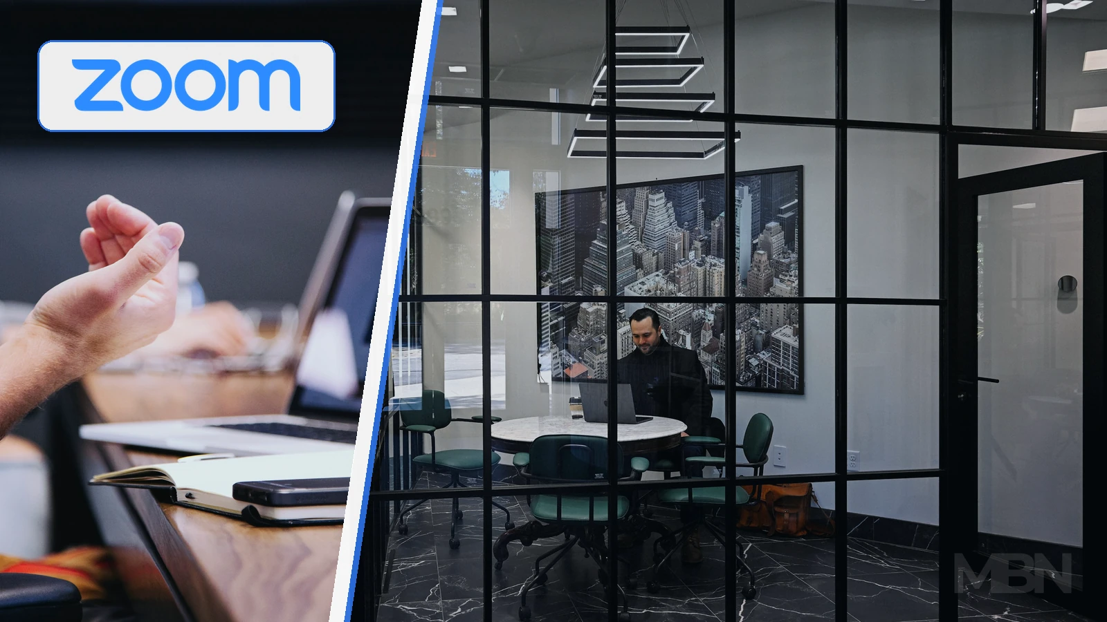 Editorial composite showing a business meeting and a person working on a laptop, separated beside the Zoom logo
