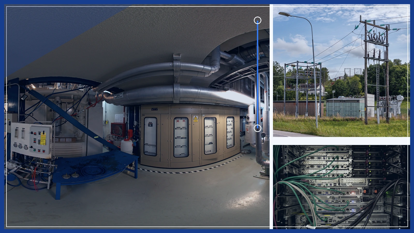Editorial composite of industrial cooling equipment, a Swedish electrical substation and server-rack hardware, shown in separate panels.