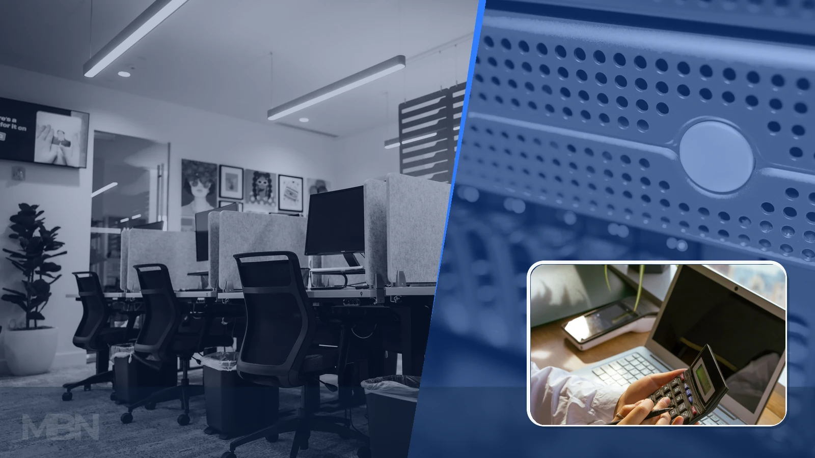 Editorial composite showing empty office desks and chairs beside blue server hardware, with an inset of hands using a calculator.