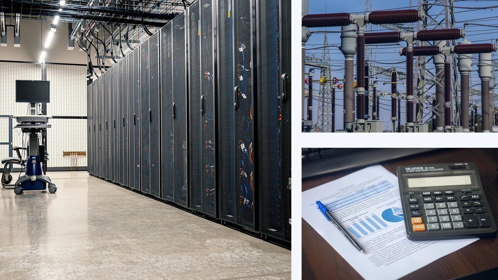 Editorial composite showing a data-center server corridor, an electrical substation and a calculator on a financial report.