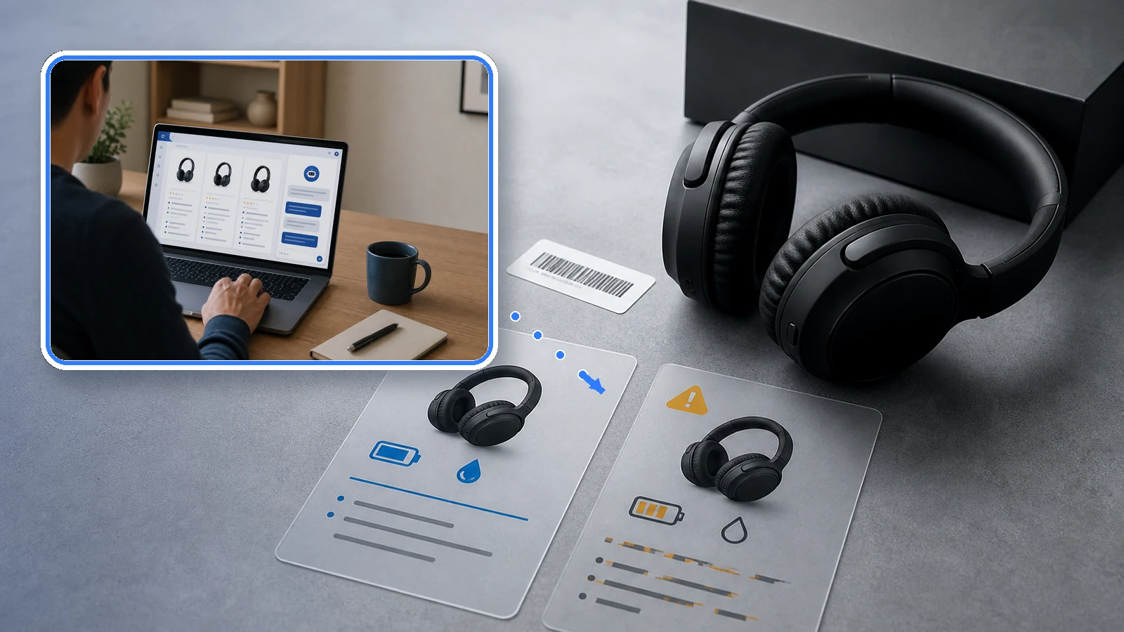 editorial composite of a shopper comparing headphones and two conflicting product-information cards beside the same unbranded headphones.