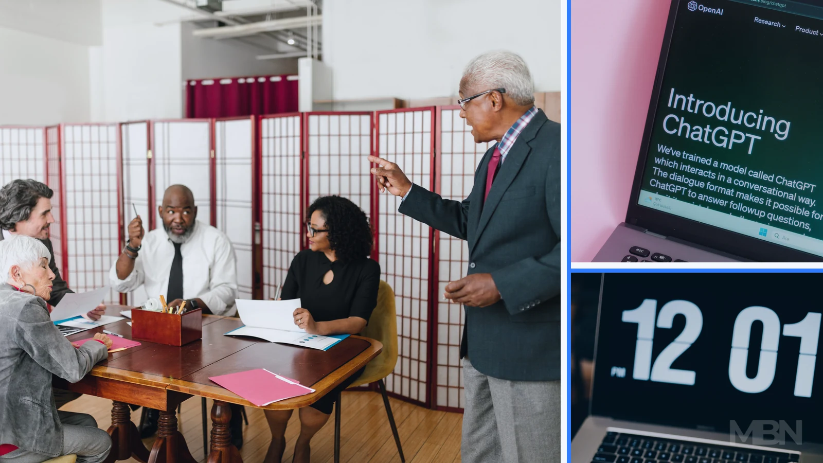 Editorial composite showing managers in discussion beside panels of a laptop displaying ChatGPT and a digital clock.