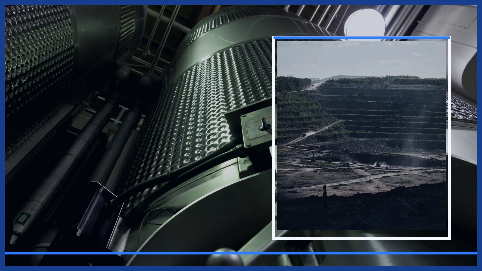 Editorial composite of industrial metal-processing equipment and an open-pit mine in separate panels.