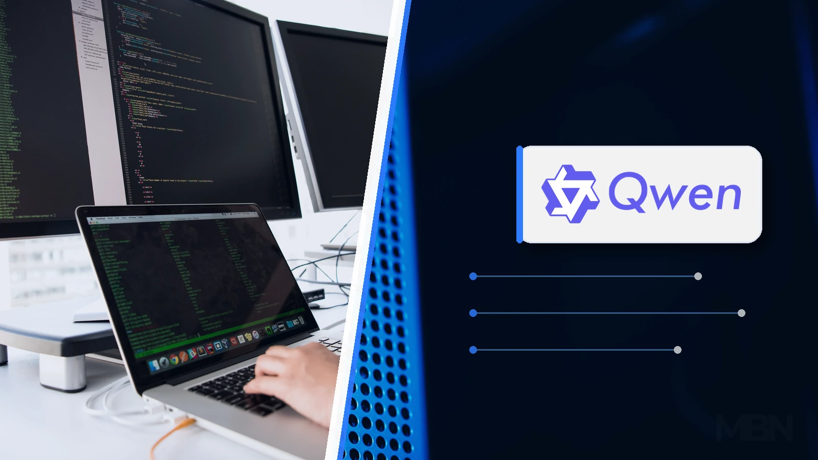 Editorial composite of a developer’s coding screens, blue server hardware and the Qwen logo in a white panel.