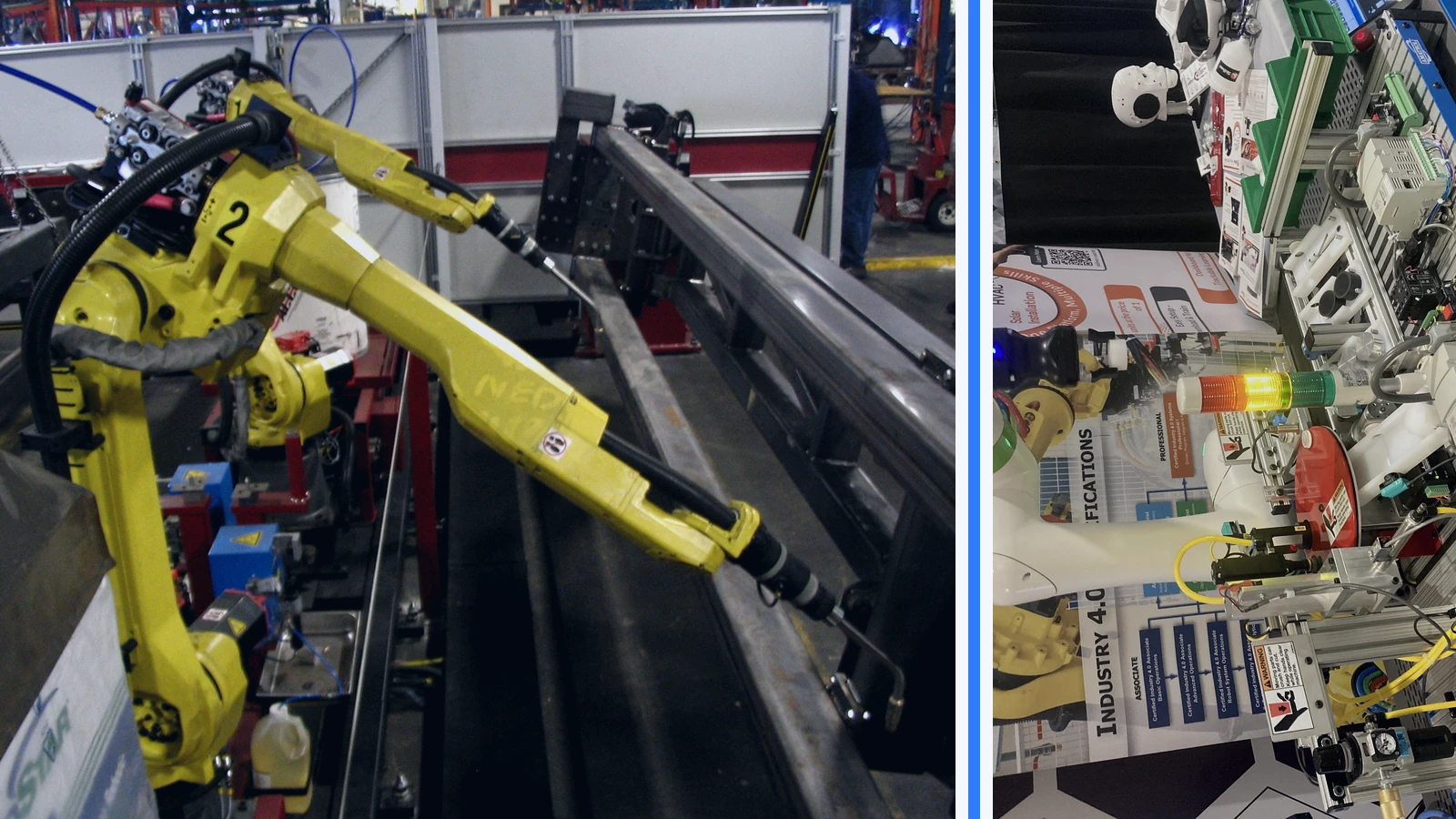 Editorial composite of industrial welding robots beside a separate collaborative robot display.