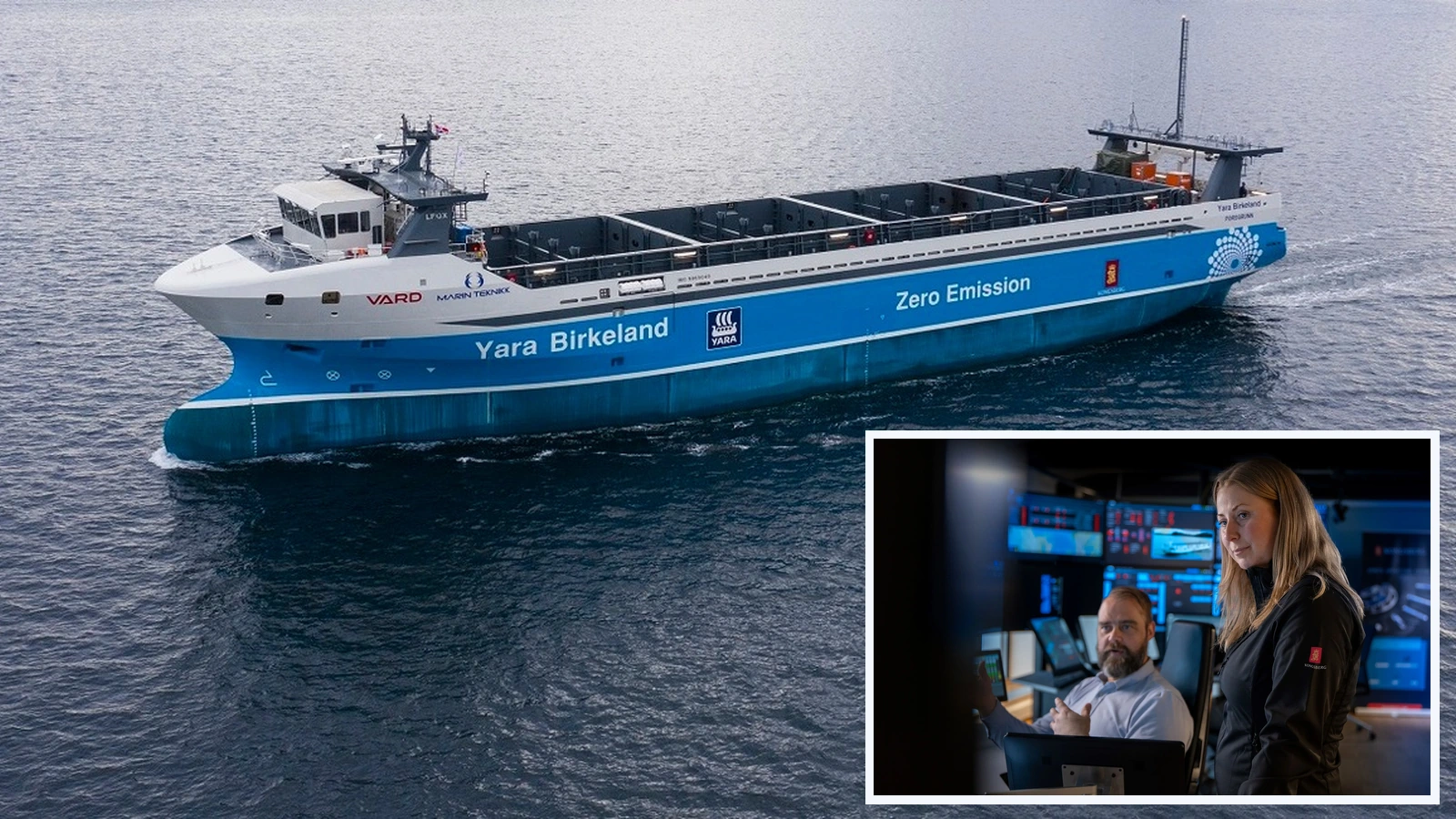 Editorial composite showing the blue-and-white Yara Birkeland at sea, with a bordered inset of two people beside maritime control screens.
