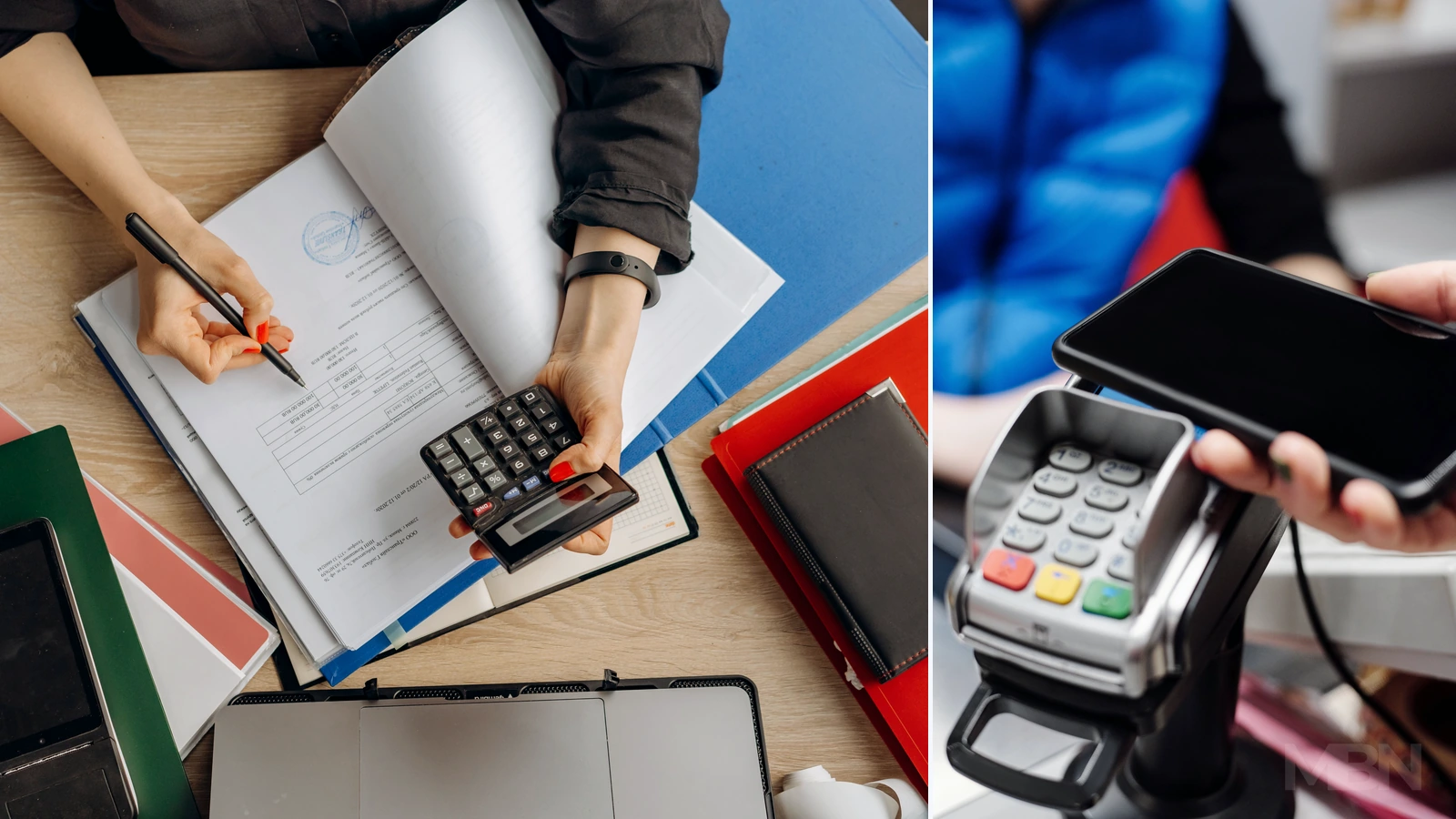 Editorial composite of representative accounting paperwork and a separate contactless payment.