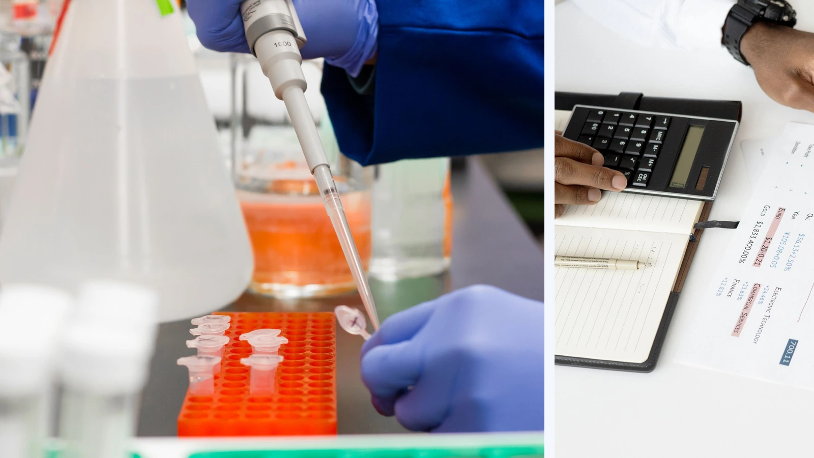Editorial composite showing blue-gloved hands using a pipette with sample tubes beside a calculator, notebook and financial paperwork in a separate panel.