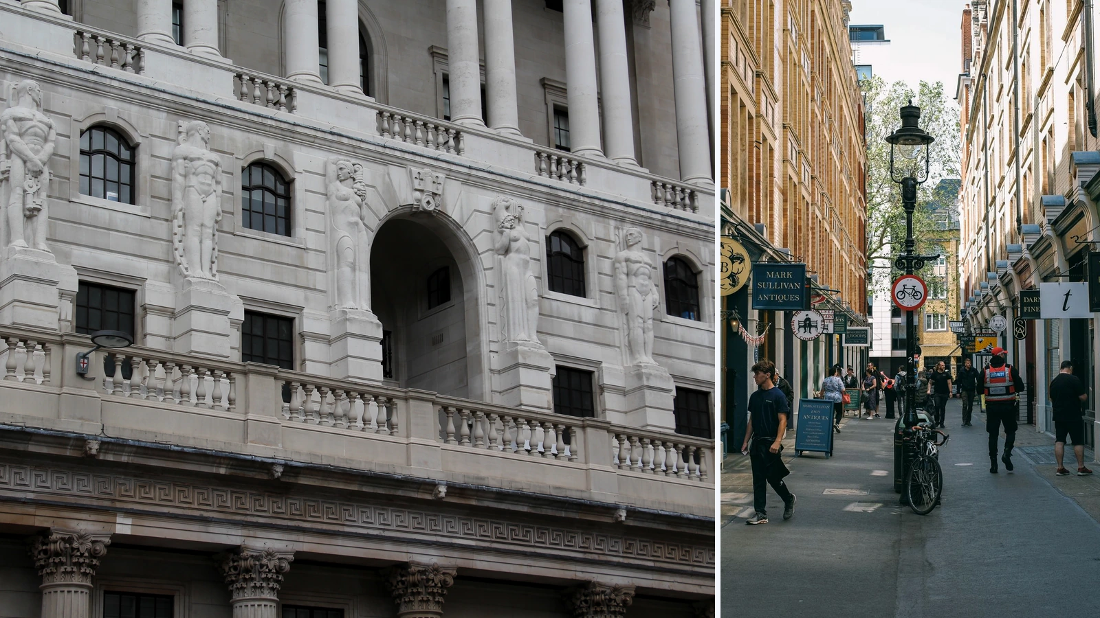 Editorial composite of the Bank of England and a London shopping alley; “London - Bank of England” by Fred Romero (https://commons.wikimedia.org/wiki/File:London_-_Bank_of_England.jpg, CC BY 2.0, https://creativecommons.org/licenses/by/2.0/) and Huy Phan/Pexels, cropped and combined by MBN.