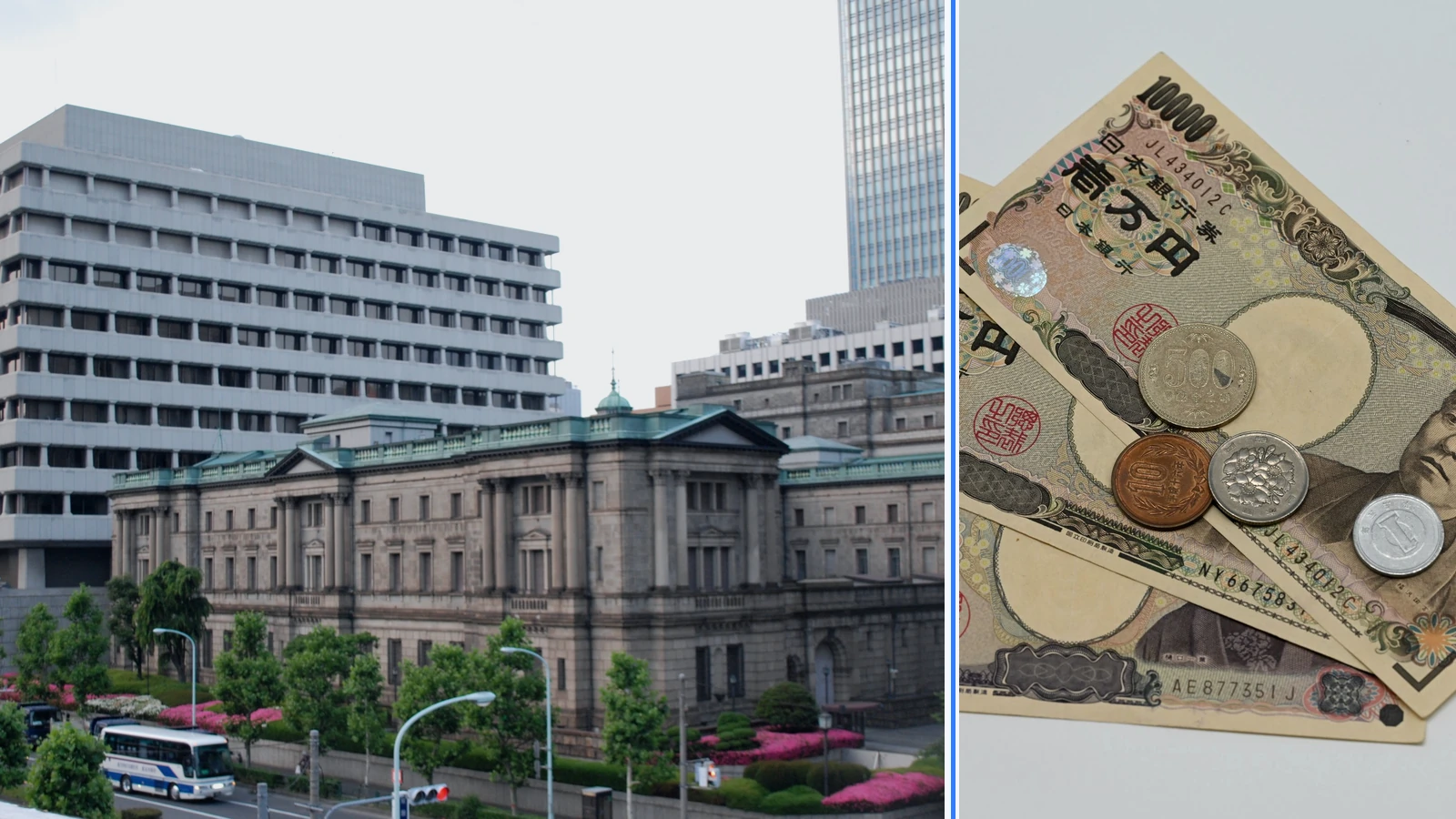 Editorial composite of the Bank of Japan head office in Tokyo beside separate Japanese yen banknotes and coins.