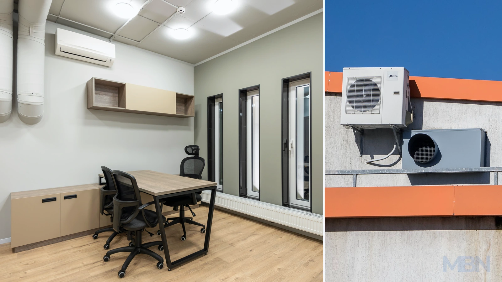 Editorial composite of an office interior and rooftop cooling equipment from separate locations. Representative photographs, not the Greek BuildON pilot sites