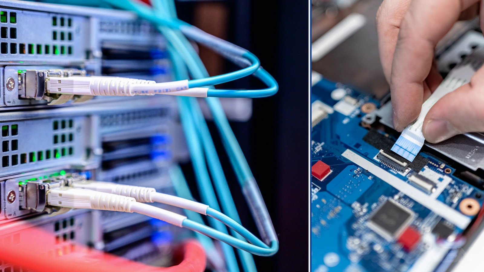Editorial composite of network connections and a separate electronics repair photograph.