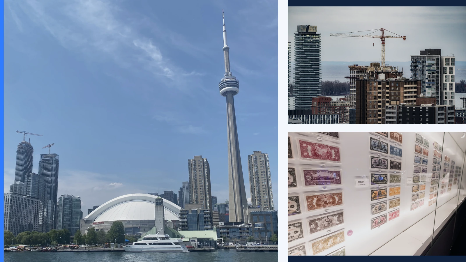 Editorial composite showing the Toronto skyline, a separate construction-crane scene and Canadian banknotes in separate panels.