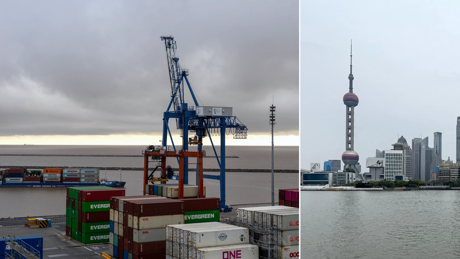 Editorial composite of representative shipping-port activity and a separate view of Shanghai.