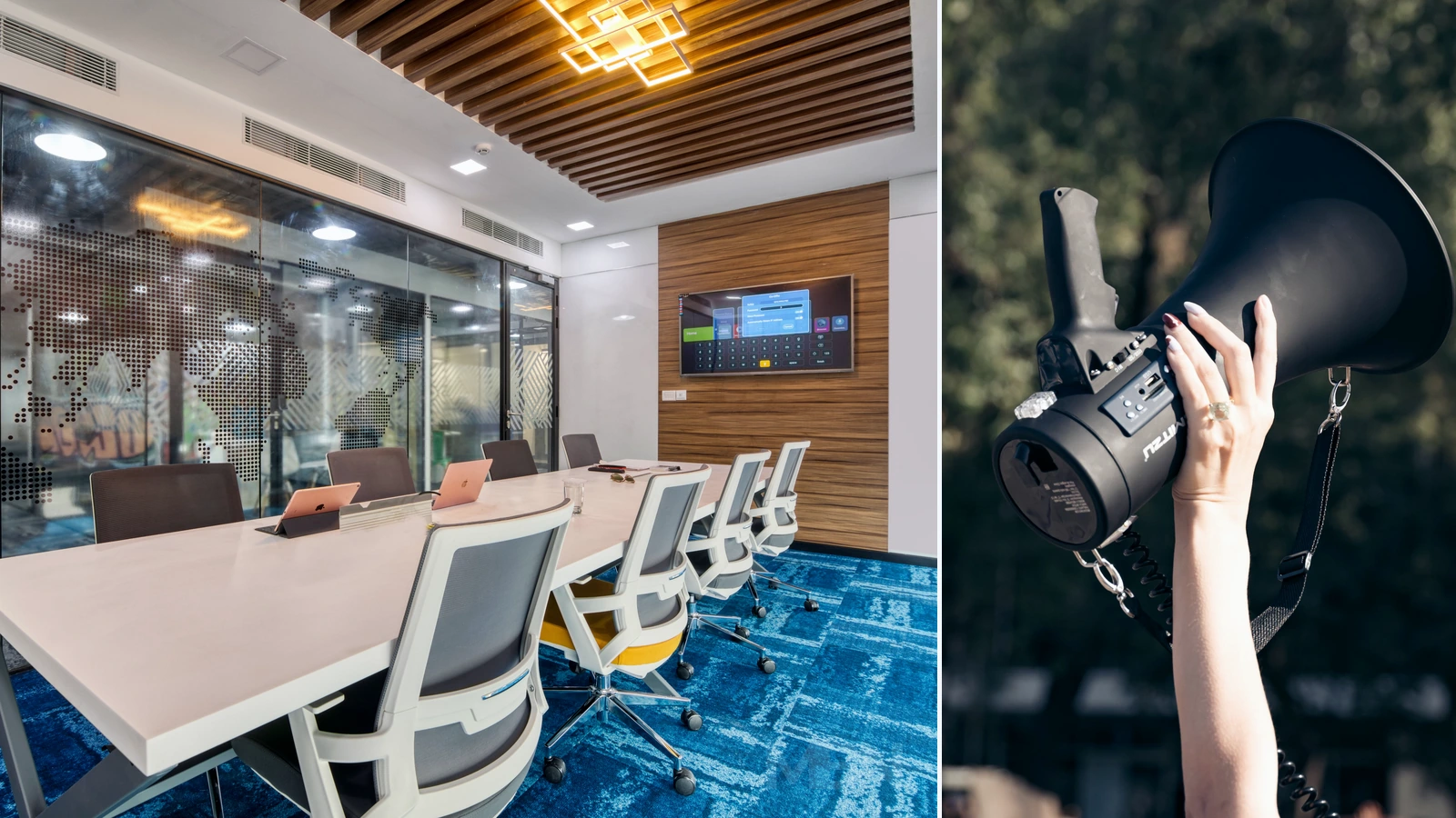 Editorial composite of an empty glass-walled meeting room beside a separate photograph of a raised hand holding a black megaphone.
