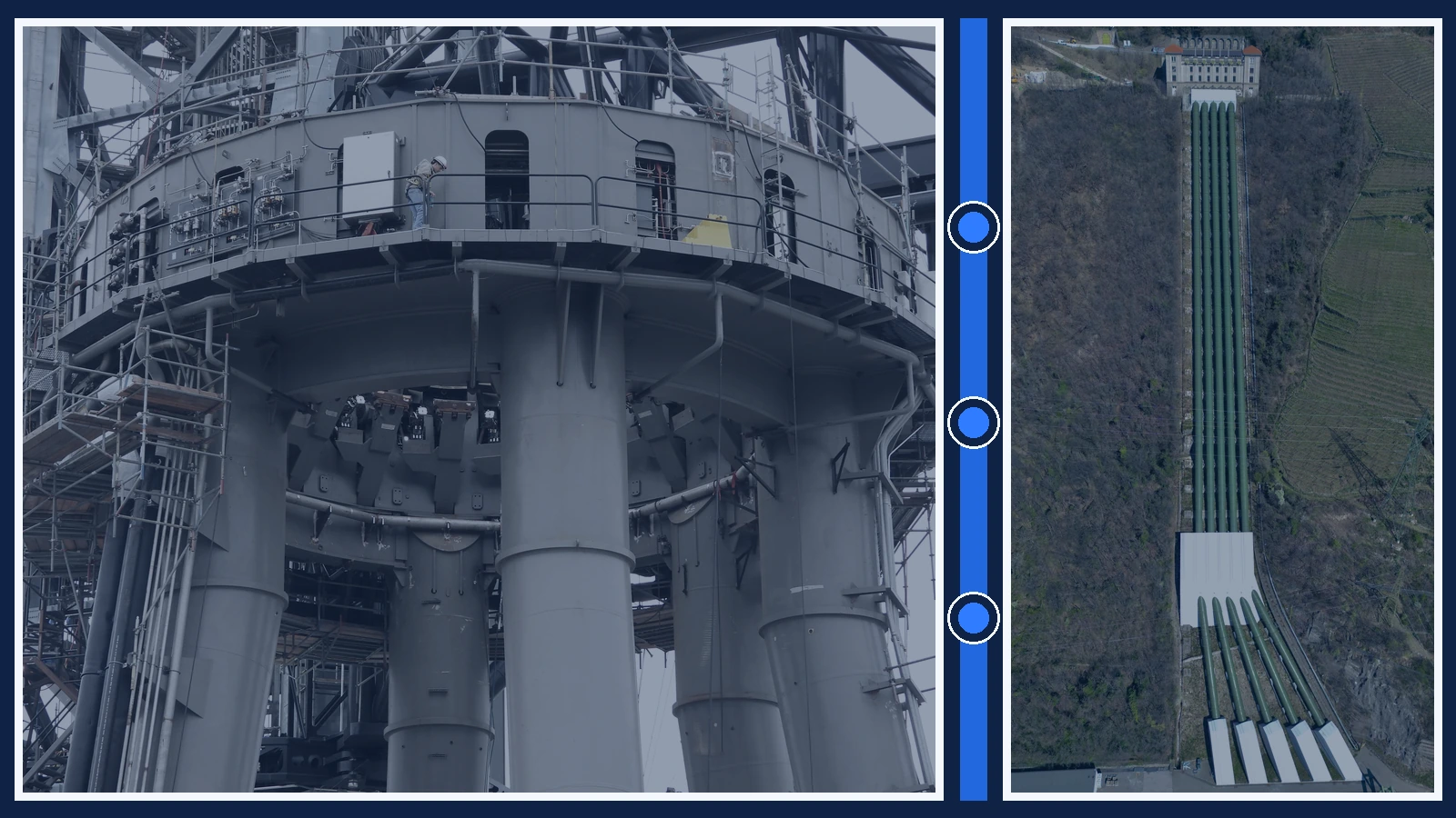 Editorial composite of industrial drilling equipment beside an aerial view of a gas-pipeline corridor.