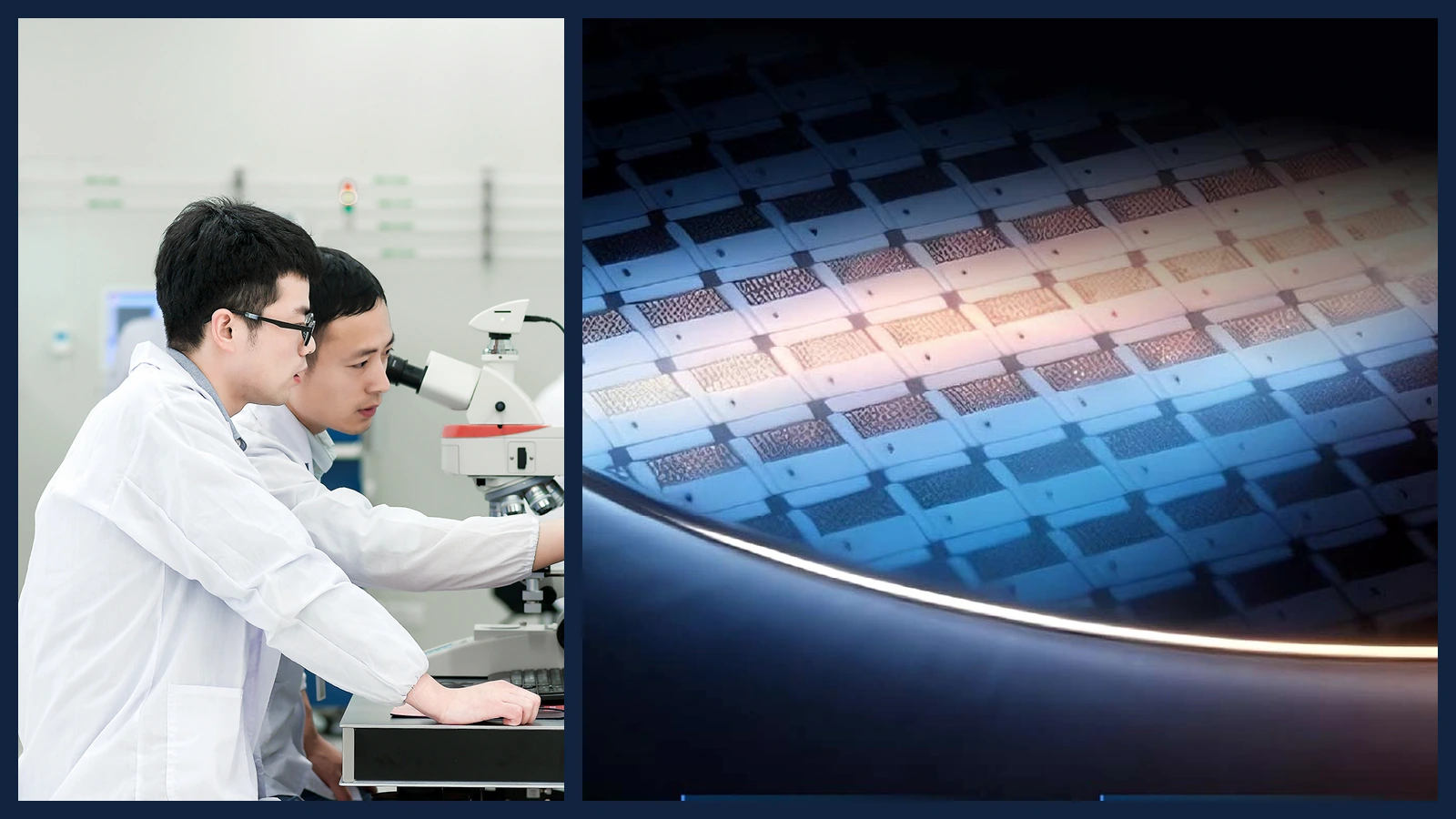 Editorial composite of CXMT laboratory researchers beside a close-up company-provided wafer visual.