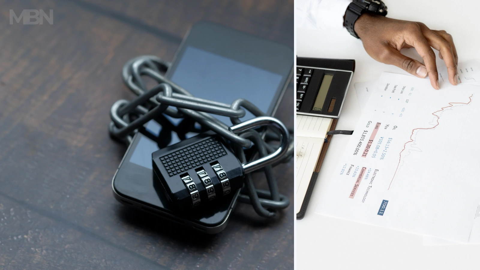 Editorial composite of a chain-secured smartphone and calculator with documents; representative photos Towfiqu barbhuiya and Hanna Pad/Pexels, cropped and combined by MBN.