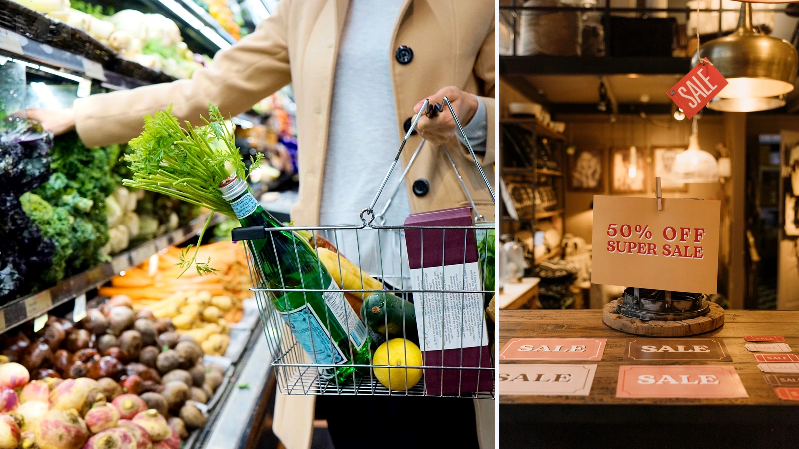 Editorial composite of a grocery basket and shop sale signs; representative photographs by Tara Clark and cottonbro studio/Pexels, cropped and combined by MBN.
