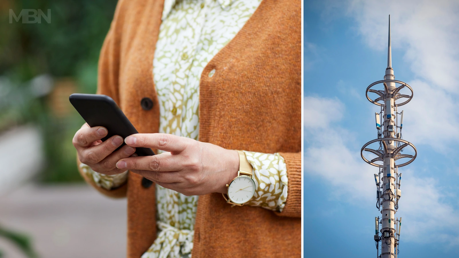 Editorial composite of hands using a smartphone and a telecommunications tower; representative photos Marcus Aurelius and Hai Huang/Pexels, cropped and combined by MBN.
