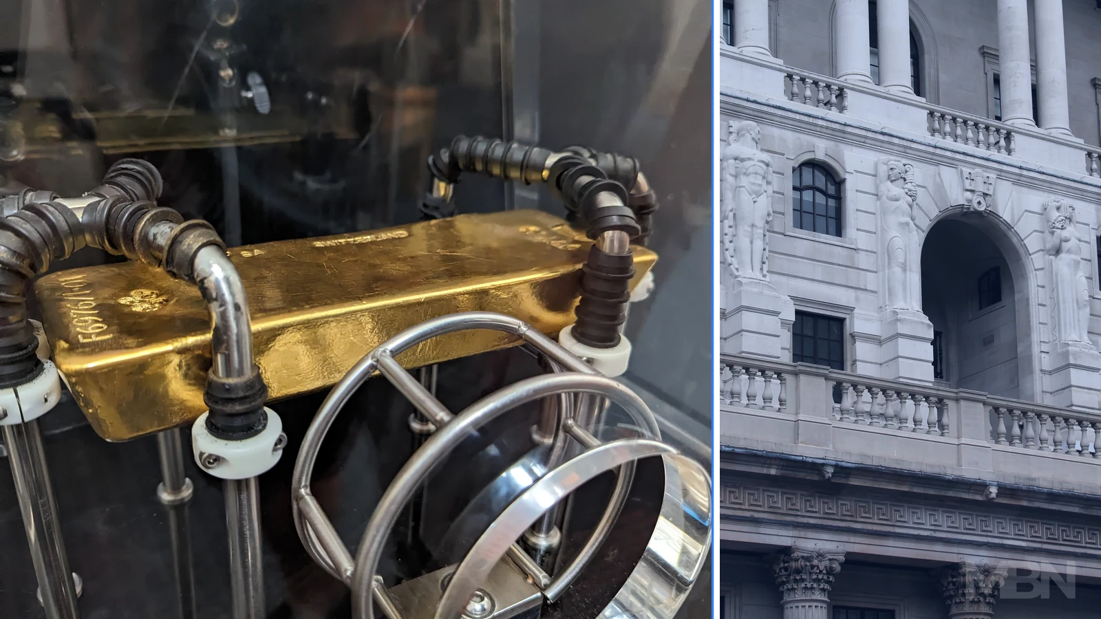 Editorial composite showing a gold bar at the Bank of England Museum beside the Bank of England building in London.