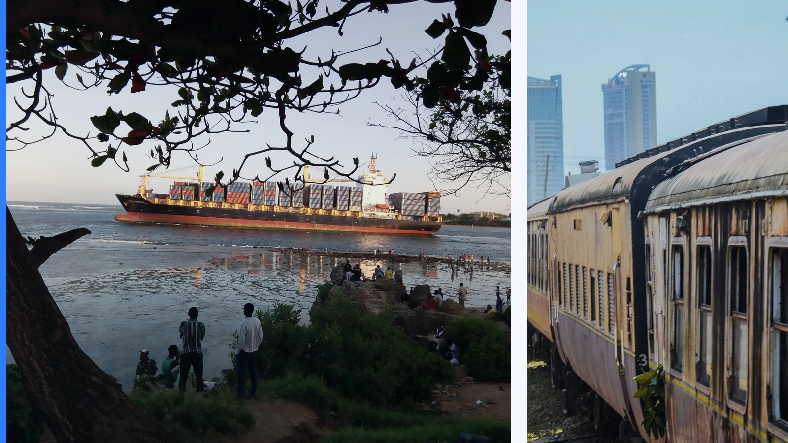 Editorial composite showing a container ship leaving Mombasa port beside a separate view of a Dar es Salaam railway yard.